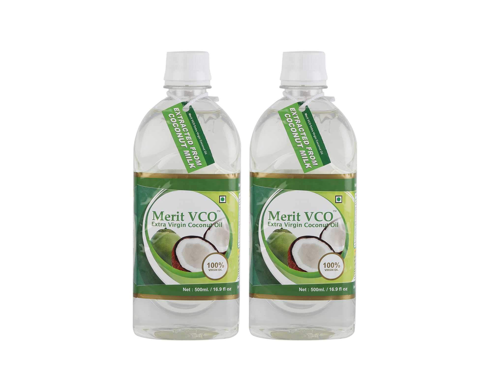 MERIT VCO Merit Vco Extra Virgin Coconut Oil - Pack of 2 (500 Ml Each) | 100% Pure, Edible Grade | For Cooking, Skin & Hair Health, Oil Pulling