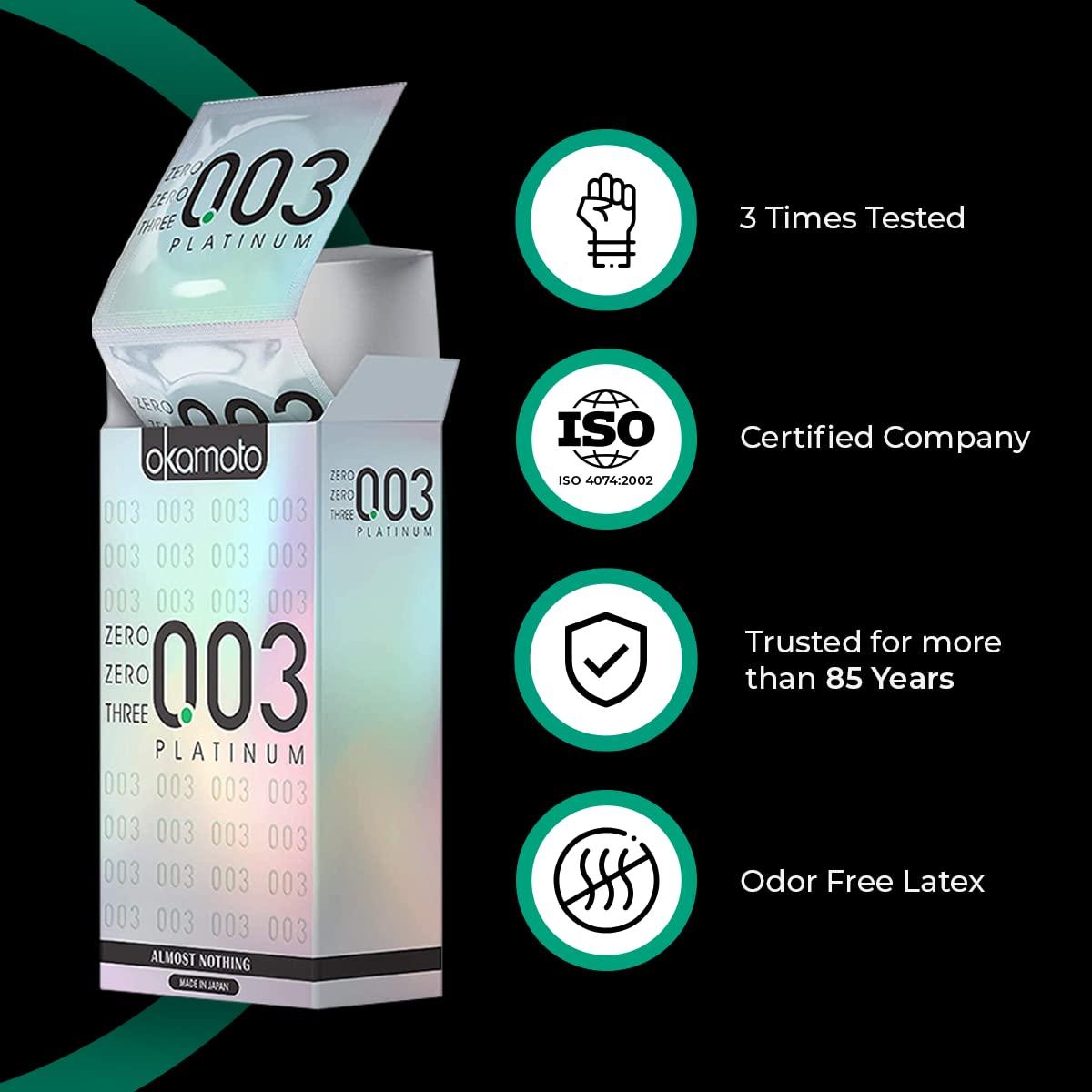 OKAMOTO Okamoto Condom | Ultra Thin Condoms for Men | Thinnest Premium Japanese Condoms | Made In Japan | 0.03 mm thin | 003 Platinum (Pack of 1)