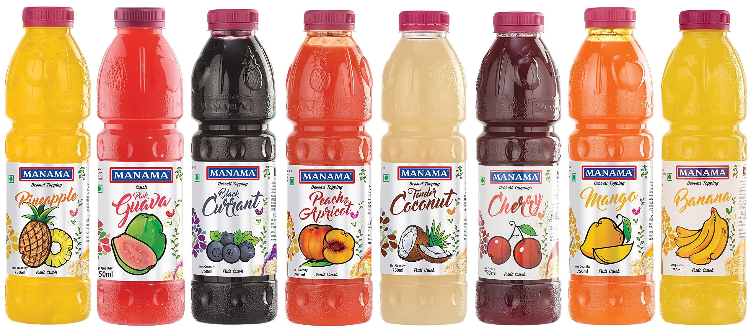 Manama Manama Pineapple, Pink Guava, Black Currant, Peach and Apricot, Tender Coconut, Cherry, Mango, Banana Fruit Crush for Dessert Toppings, 750ML Each, Crush Combo Pack of 8