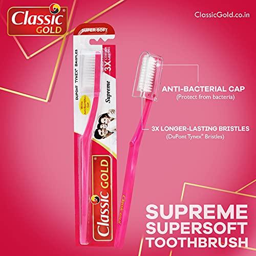 Classic gold Classic Gold Supreme Super Soft Manual Toothbrush For Adults Pack Of 12 With New Anti Bacterial Crystal Clear Cap And Also Premium Dupont Bristles