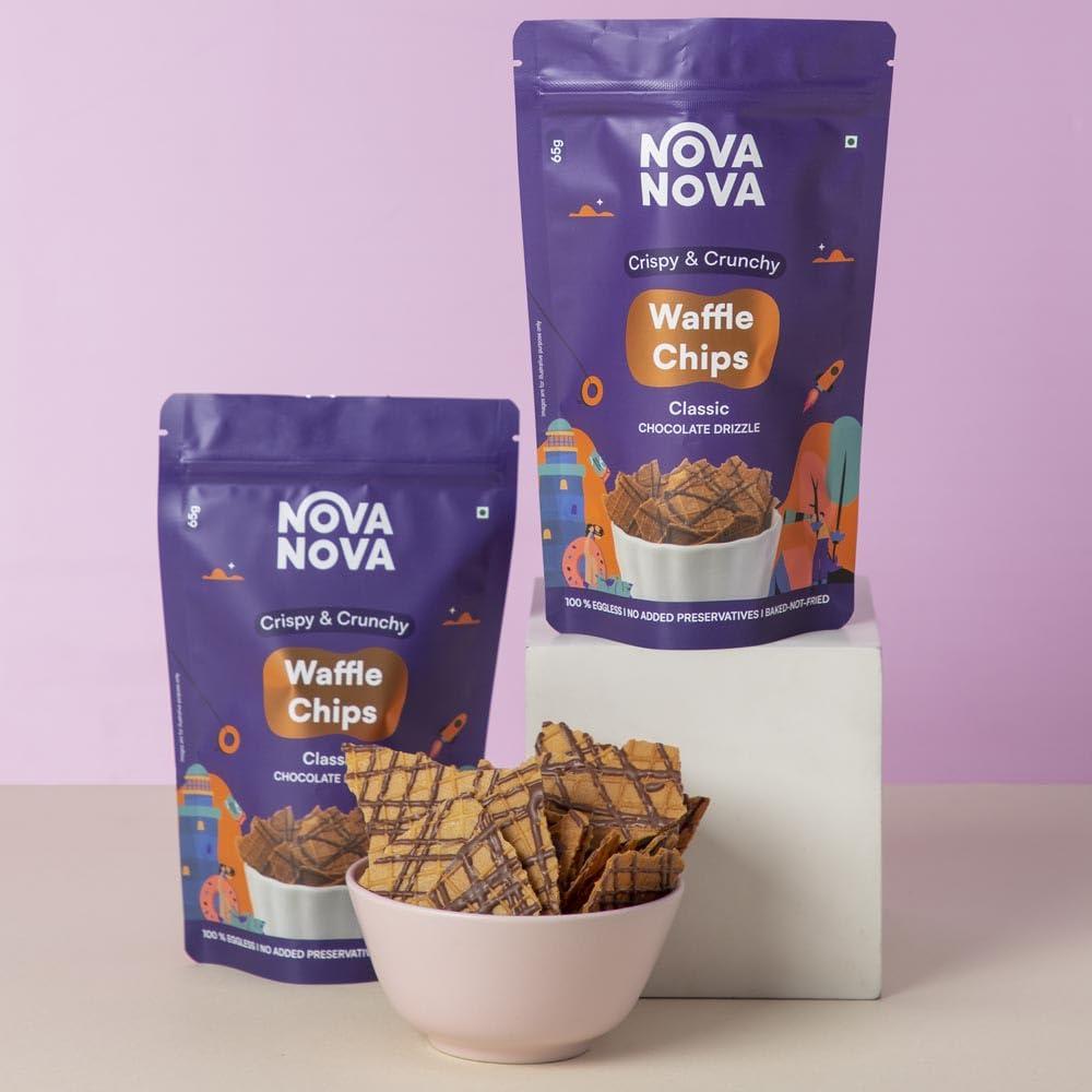 NOVANOVA Nova Nova Waffle Chips - Classic with Chocolate Drizzle | 100% Eggless | Freshly Baked | Pack of 2 (130g)