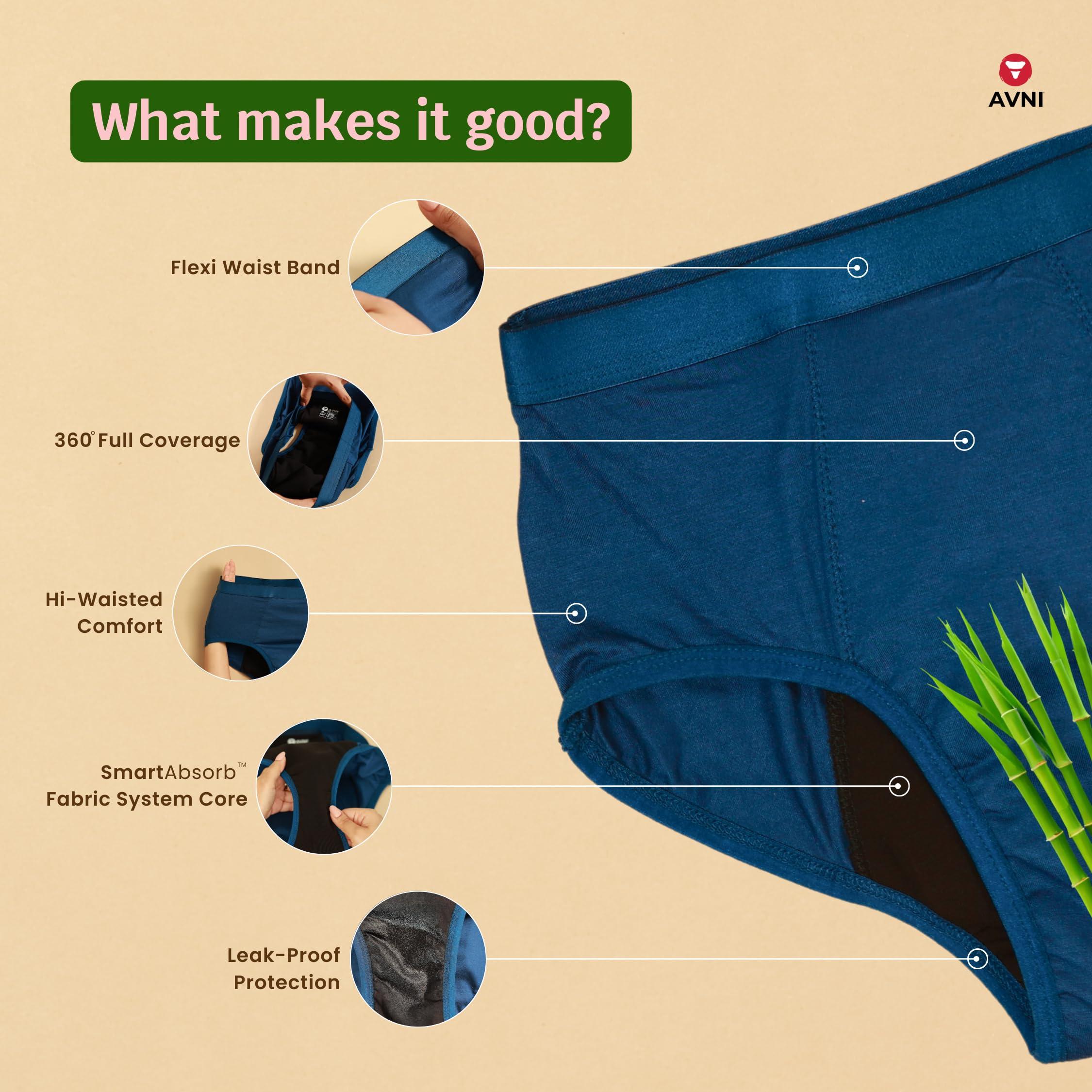 Avni Avni - Washable Period Panty | 2XL Panty + 200ml Liquid Detergent | Breathable Bamboo Fabric | Medium to Heavy Flow | Protection up to 10 hrs | High Waist for Women | Reusable for 2 yrs