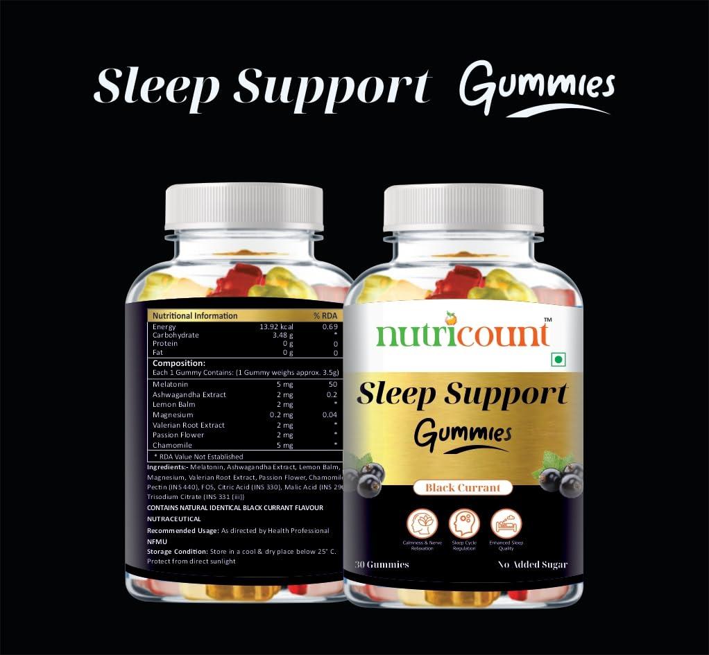 NUTRICOUNT NUTRICOUN T Good Sleep 30 Gummies Melatonin Ashwagandha, Chamomile extract & L-Theanine Support Blissful Sleep & Reduce Stress Natural Black Currant Flavoured 0 Added Sugar Pack-Of-1