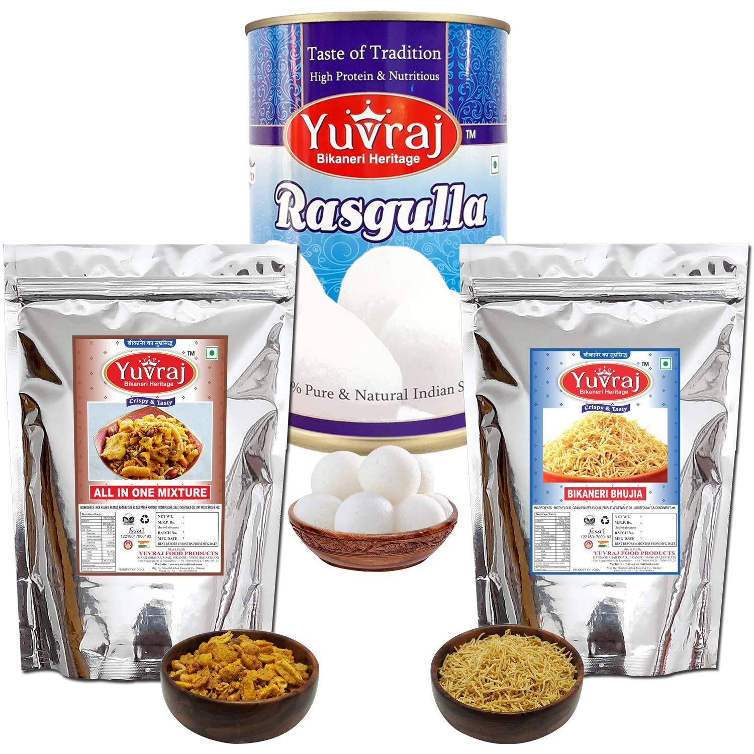 Yuvraj Food Product Yuvraj Food Product Bikaneri Rasgulla & bhujiya All in one mixture Sweet & Namkeen combo (500, 400, 400) Diwali Festival gift pack