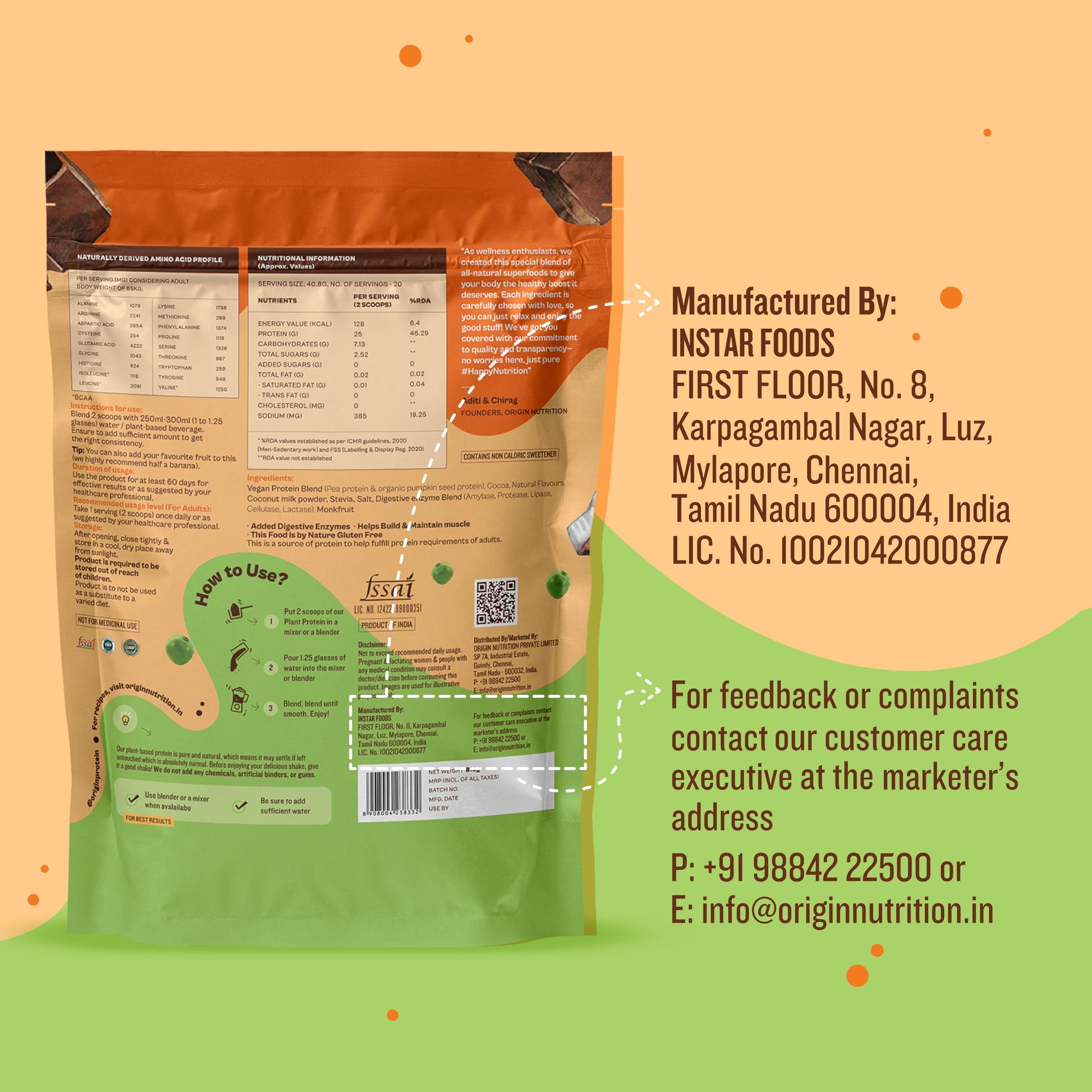 ORIGIN NUTRITION Origin Nutrition 100% Natural Vegan Protein Powder (European Pea Protein Isolate & Pumpkin Seed Protein) Easy to Digest Chocolate Flavour with 25g Plant Based Protein,770g