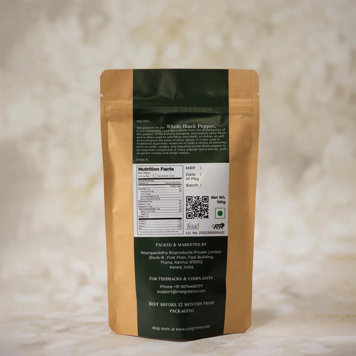 Maigreens Whole Black pepper | Tellicherry Special Extra Bold Black Pepper (TGSEB) | Kali Mirch Whole (100g) | Best Grade