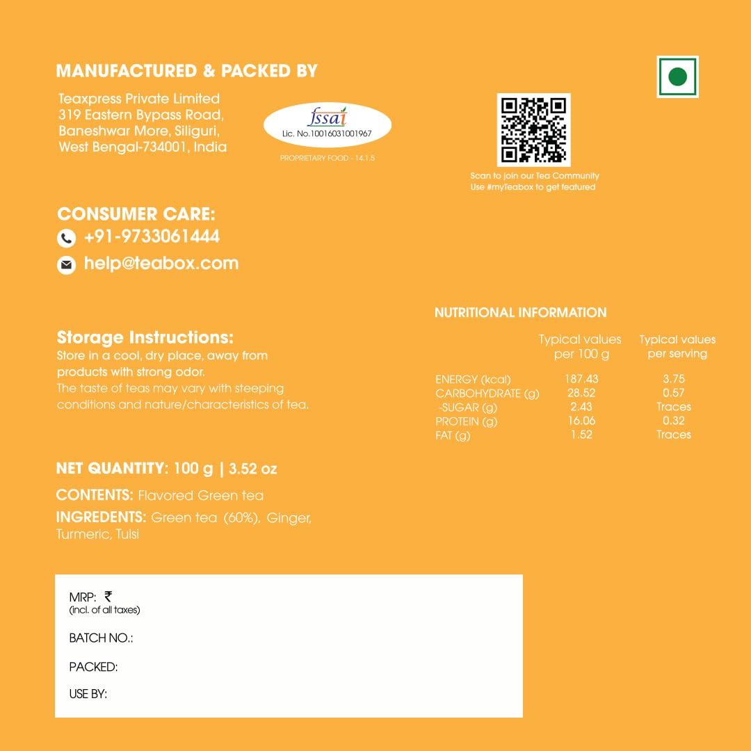 Teabox Teabox Organic Turmeric Ginger Tulsi Green Tea 100 grams | For Immunity Boosting, Digestion and Sore Throat | 100% Whole Leaf Tea, 0% Bitterness