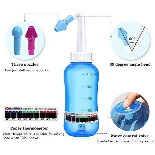 HANNEA HANNEA® Neti Pots for Sinus Rinse Bottle Nose Wash Cleaner Pressure Rinse Nasal Irrigation for Adult & Kid BPA Free 300 ML with 10 Nasal Wash Salt Packets and Sticker