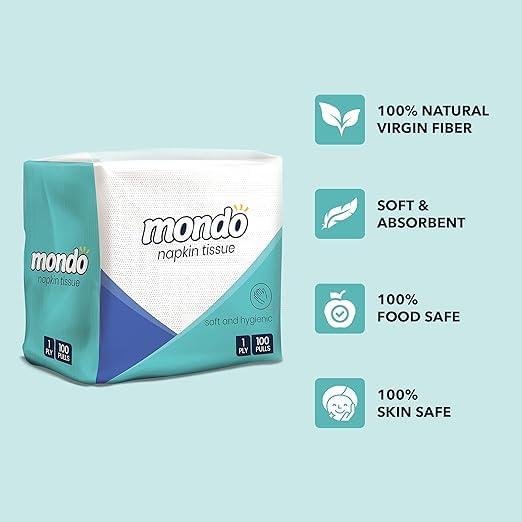 Mondo Mondo Napkin Tissue Paper (Size 30x30 centimetres, 1 Ply, 100 Pulls) | Pack of 3 Boxes