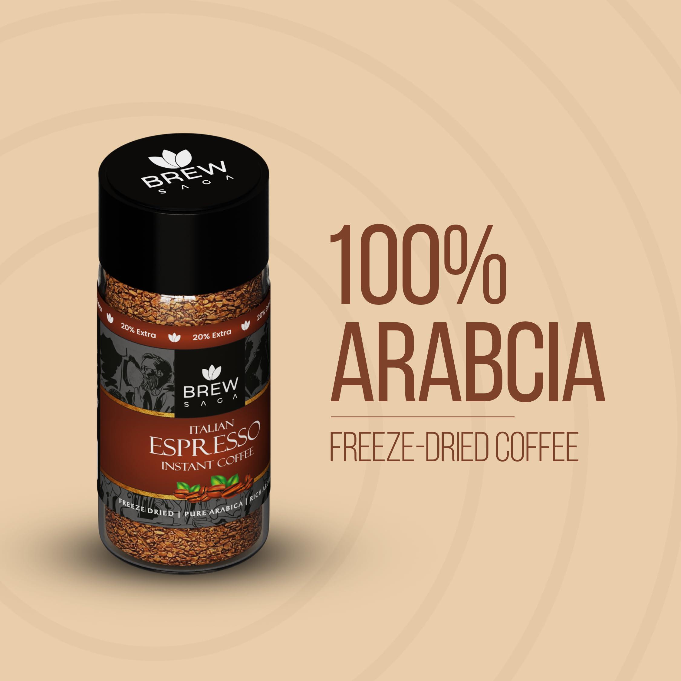 BREW SAGA BREWSAGA Italian Espresso Instant Coffee | 100% Arabica | Freeze-Dried | Flavoured Coffee | No Added Sugar | Makes 30 Cups | 60 Gram