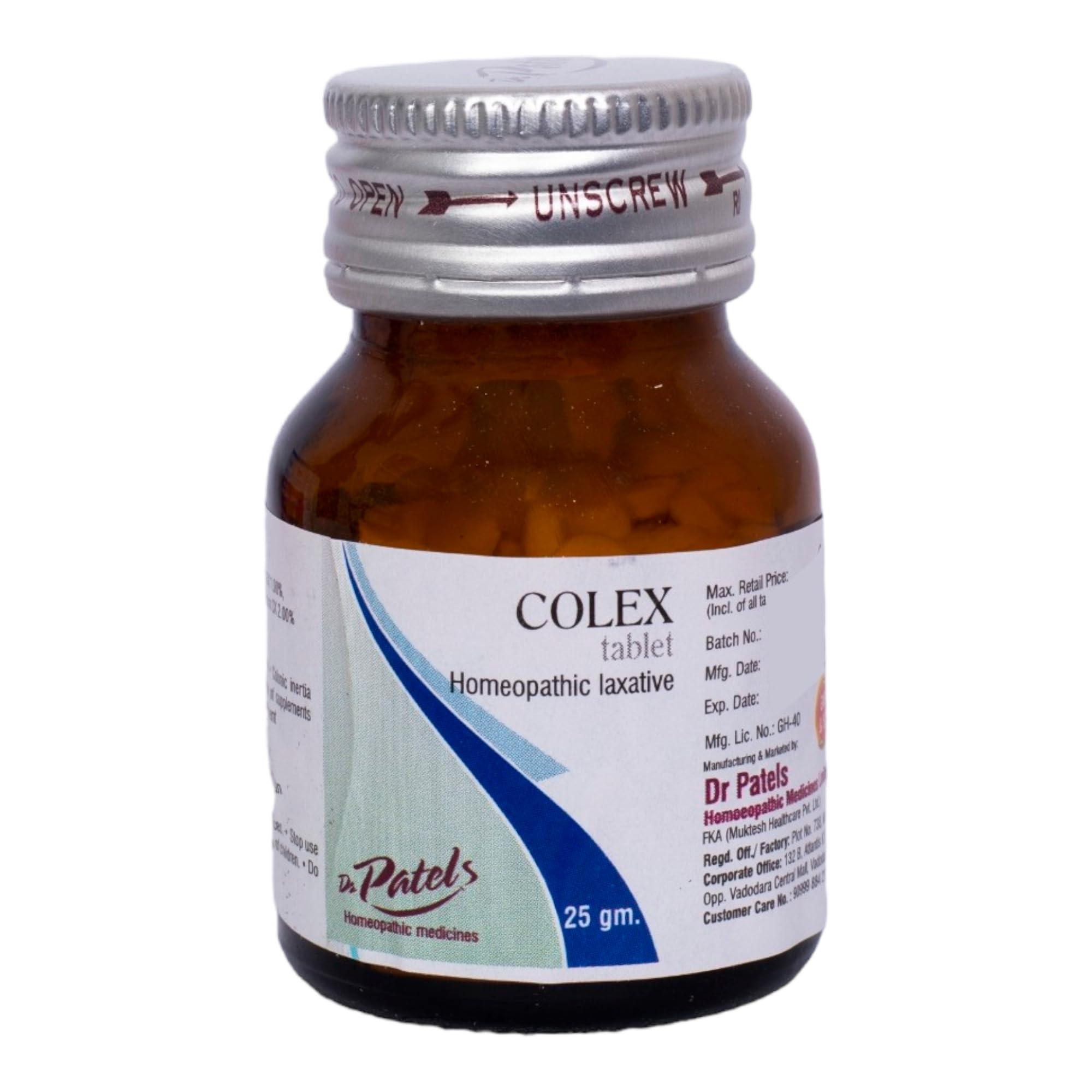 DR PATELS HOMEOPATHIC MEDICINES Dr Patel's 2 Pcs Homeopathic Colex Tablets - Homeopathic medicine for Constipation, Irritable Bowel Syndrome, Obstructive Defecation, & Regularizing Bowel Movement- 25gms