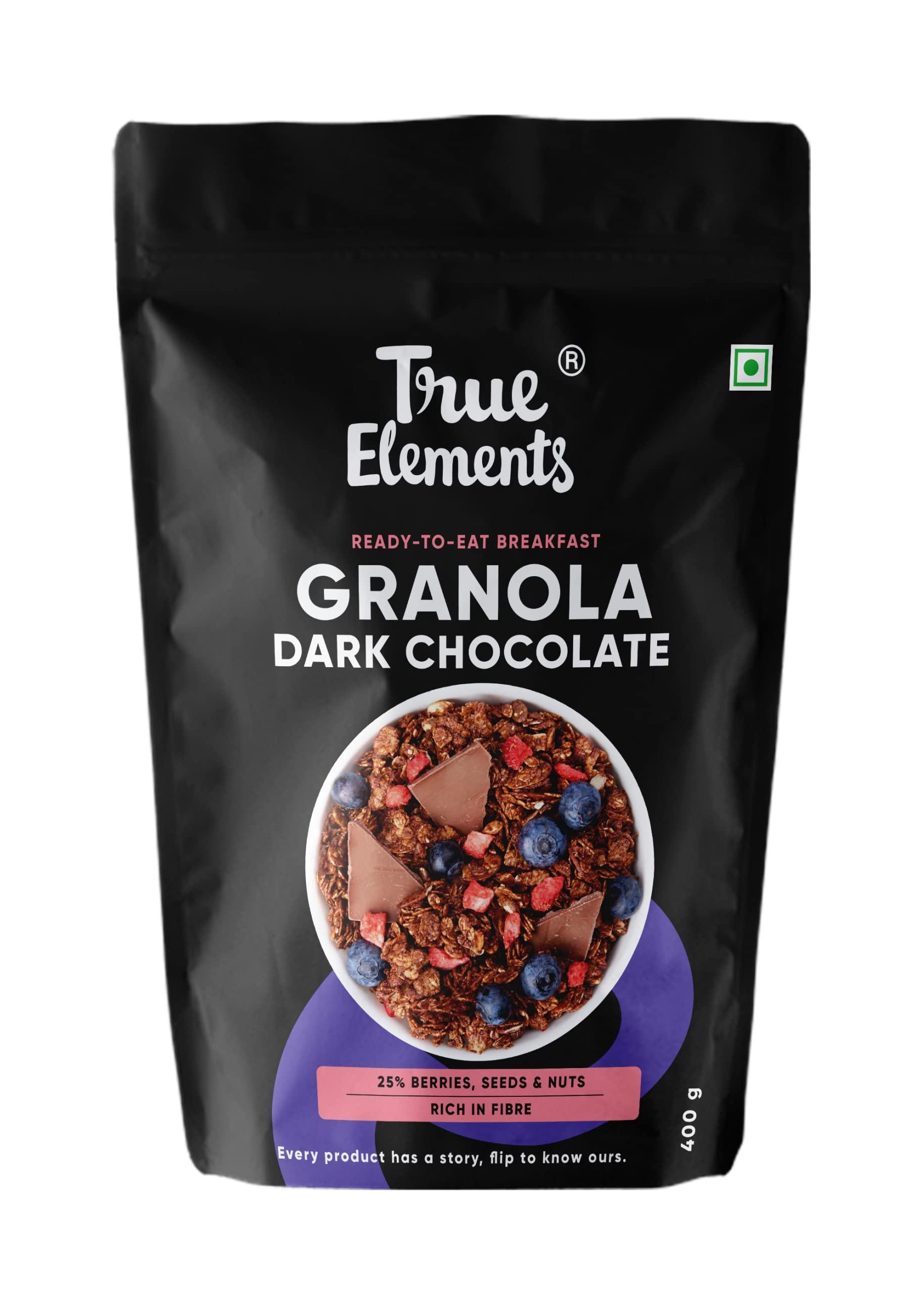 True Elements True Elements Granola Dark Chocolate 400g - Baked Granola | Almonds, Berries & Dark Chocolate | Granola for Breakfast | High Fibre Cereal | Diet Snack