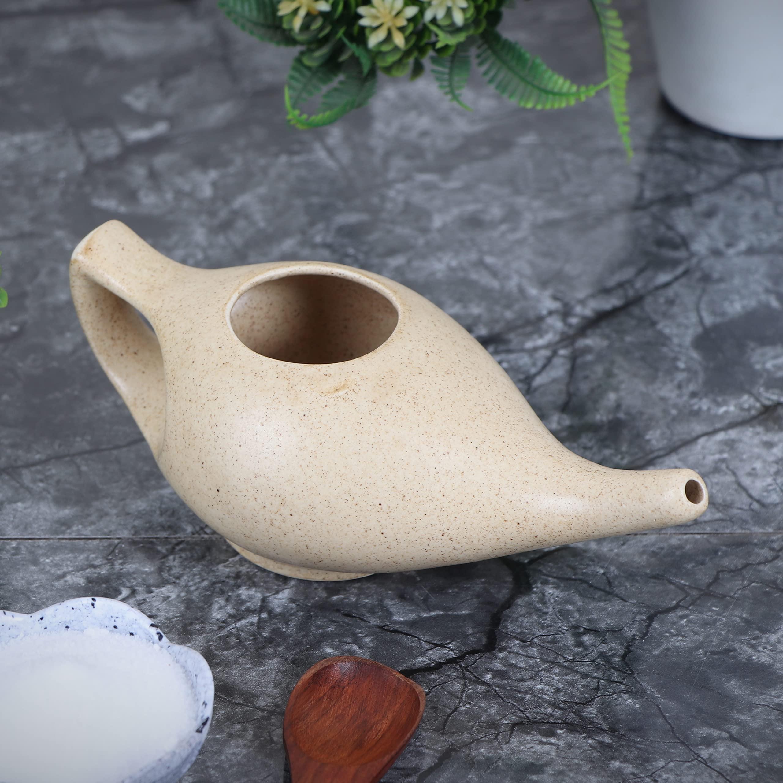 QIMACPLUS Leak Proof Durable Porcelain Ceramic Neti Pot 220 ML for Natural Nasal Cleansing | Natural Treatment for Sinus, Infection and Congestion Microwave and Dishwasher Friendly (Brown Matt)