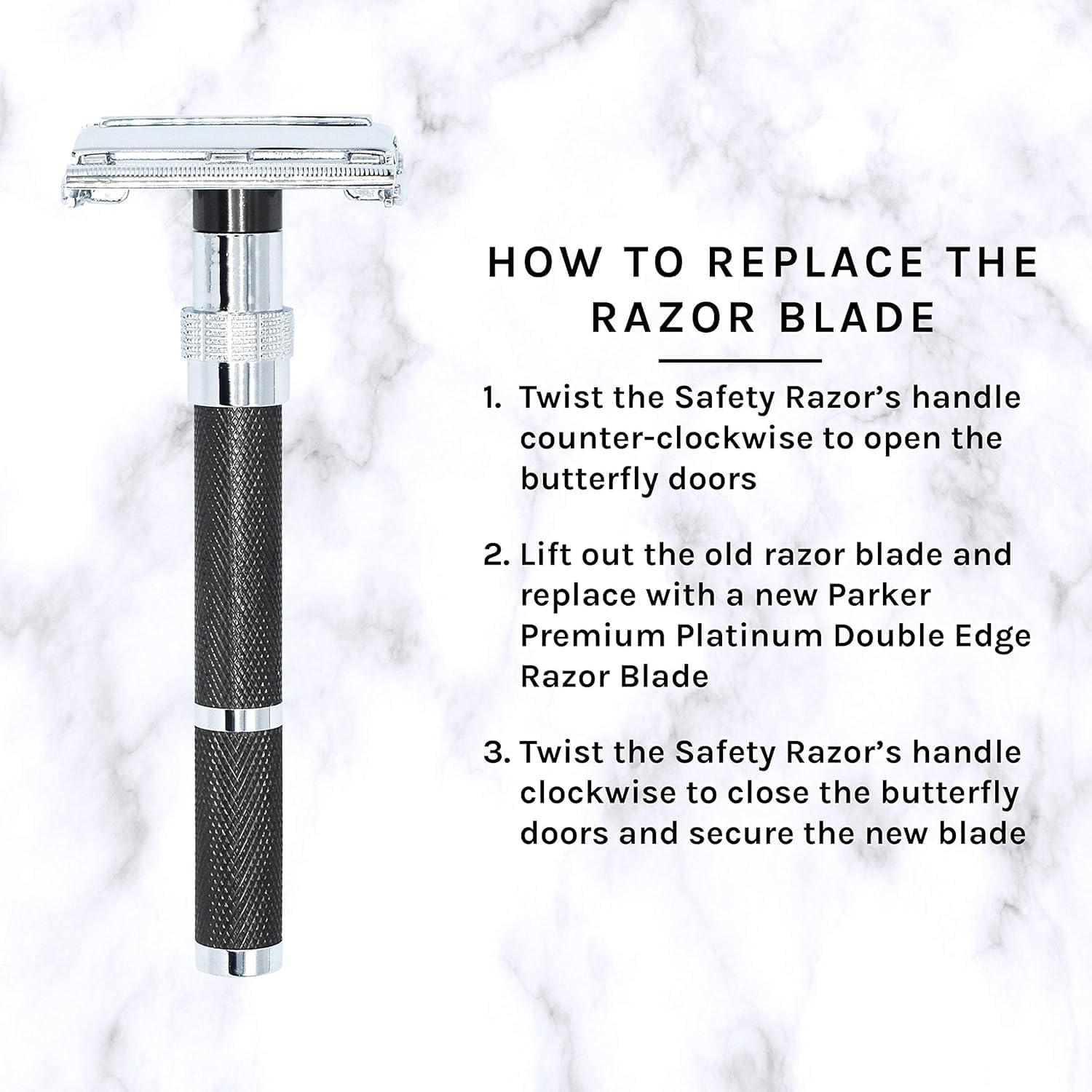 Parker Safety Razor PARKER Safety Razor - (96R) Long Handled Butterfly Open Safety Razor Includes with 5 Parker Premium Platinum Double Edge Razor Blades