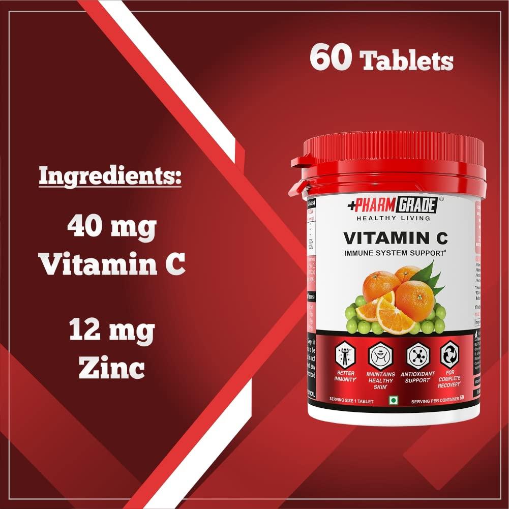Pharmgrade PharmGrade Healthy Living Vitamin C 500mg Tablets From Natural Fruits Immunity Supplement For Men and Women | Antioxidants | Skincare | Immunity Booster | Phyllanthus Emblica ( Amla Ext) 230mg | Orange peel extract 230mg | Vitamin C 40mg | Zinc 12mg