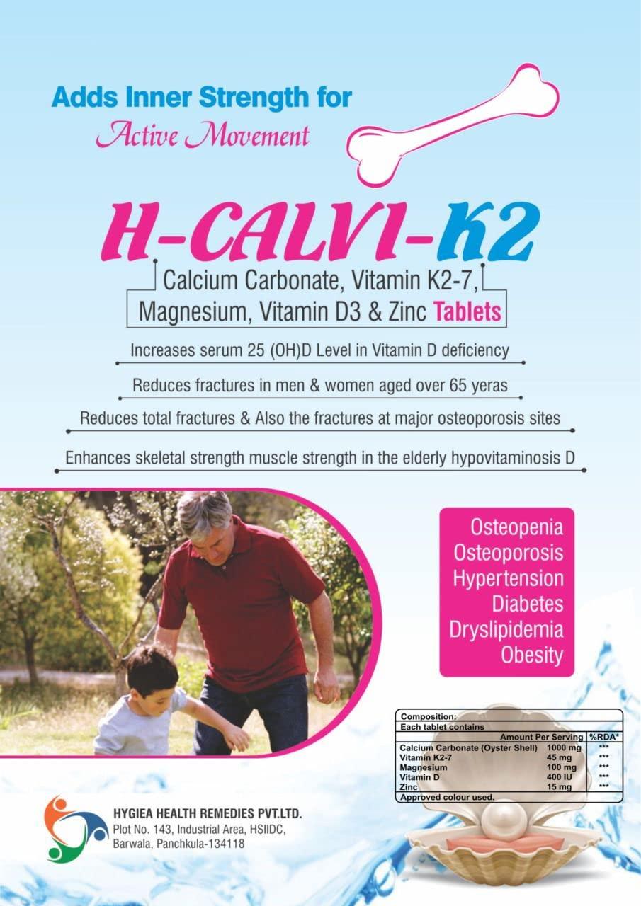 Generic H-CALVI-K2 Tablets | Calcium Carbonate, Vitamin K2-7, Magnesium, Vitamin D3 & Zinc Tablets | 1 X 10 Tablets | Pack of (5)