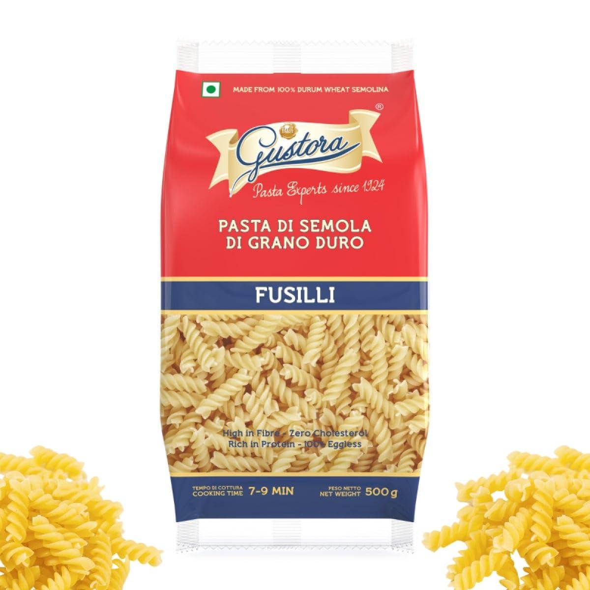 Gustora Gustora Combo Pack of Fusilli Pasta & Fettuccine Pasta, 1 KG I Pasta Combo Made of Durum Wheat Semolina I Rich in Protein & Fibre I Zero Cholesterol I No Trans-fat I Cooking Time 10 Min (500gX2)