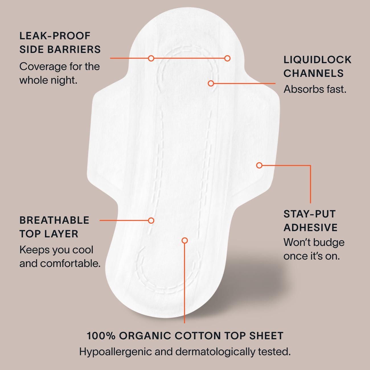 Cora Cora Organic Cotton Period Pads, Maxi Overnight Absorbency, with Wings & Dry Wicking Technology (24 Count)