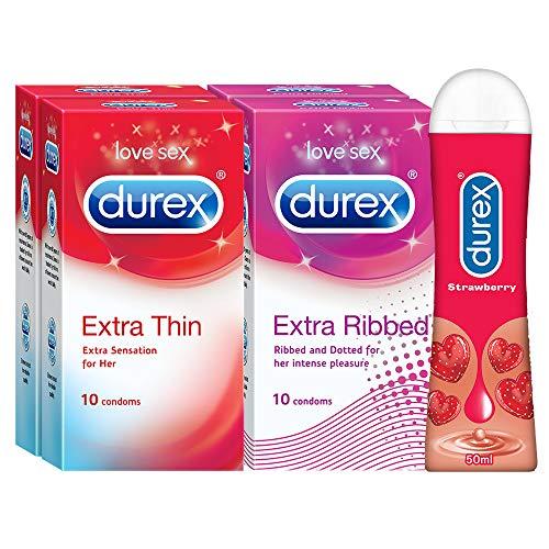 Durex Pleasure Packs (Durex Extra Thin 10s, Extra Ribbed 10s, Extra Thin 10s, Extra Ribbed 10s, Strawberry 50 ml)