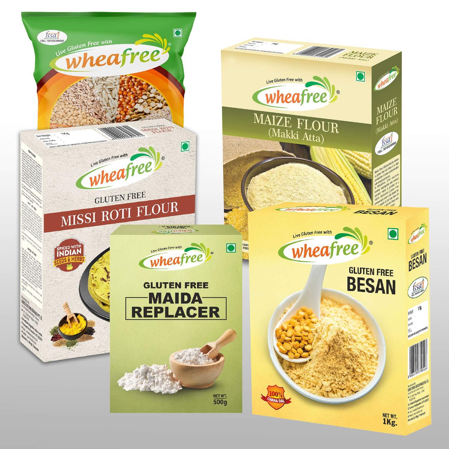 wheafree Wheafree Gluten Free Makki Atta (1Kg), Gluten Free Multigrain Flour (1Kg), Gluten Free Besan (1Kg), Gluten Free Maida Replacer (500g) and Gluten Free Missi Roti Atta (1Kg) | Gluten Free Flours Combo P