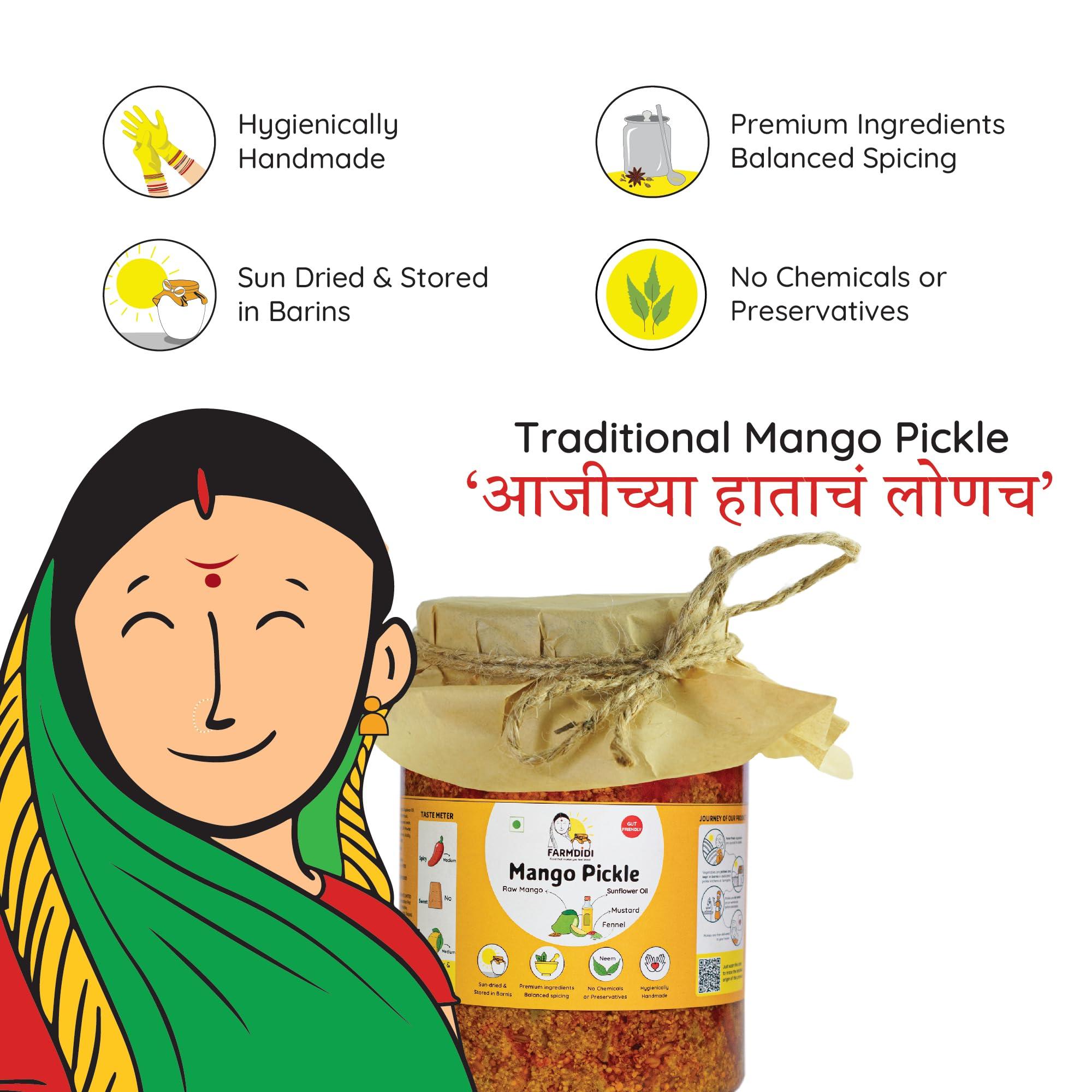 Farm Didi FarmDidi Mango Pickle 1kg Mango Pickles Homemade | Traditional Indian Achar | Less Oil Aam ka achar home made Pickle in fresh | Dry Sukha Aam Ka Achaar made with Organic Methods & Preservative free