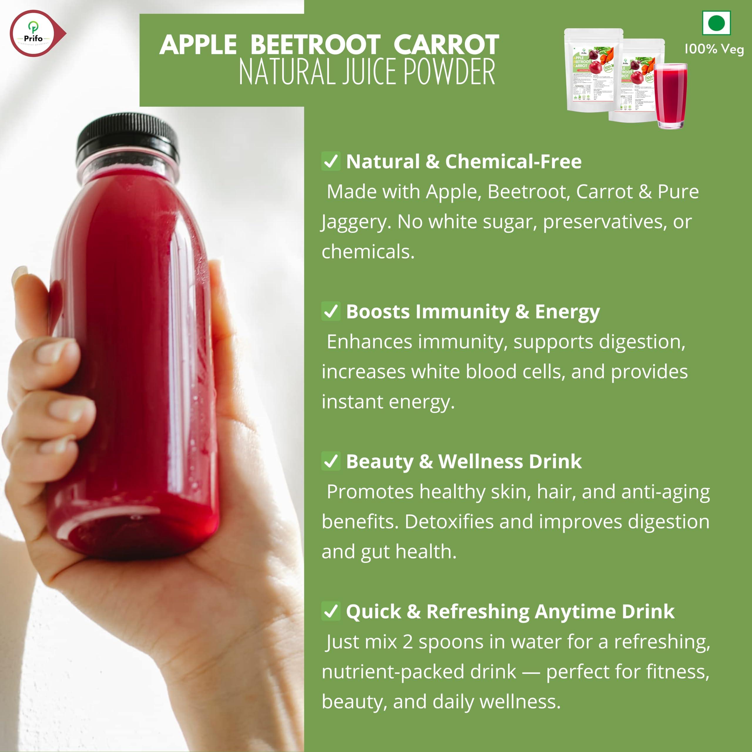 Prifo traditional goodness Prifo traditional goodness ABC Juice Powder - Apple Beetroot Carrot Juice Powder | Natural Drink | Instant | No White Sugar added | Chemical Free Processing - 250 Grams Pack.