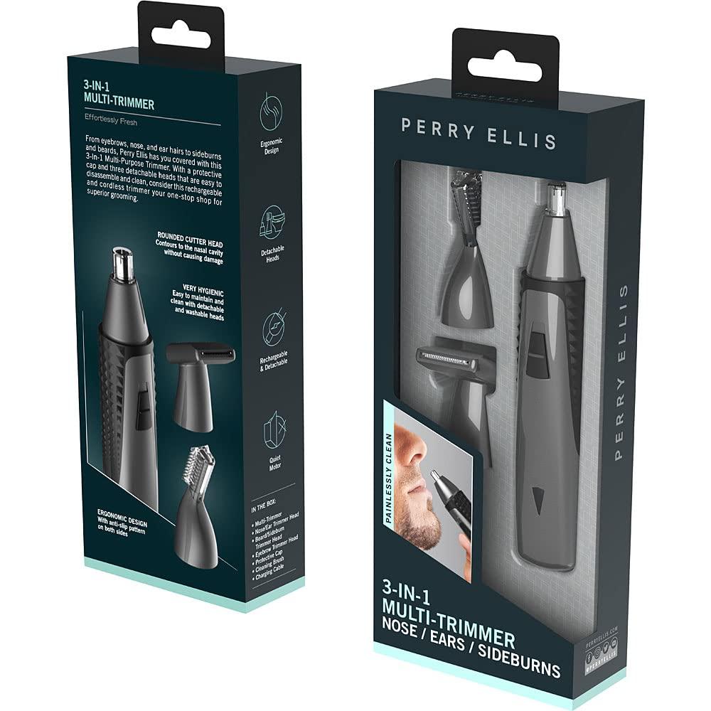 Perry Ellis Perry Ellis Rechargeable Ear and Nose Hair Trimmer for Men, 3 Detachable Heads for Sideburn, Eyebrow, Nose, Ear, Beard Trimmer for Men, Mens Grooming Kit, Detailer, Eye Brow Trimmer for Men