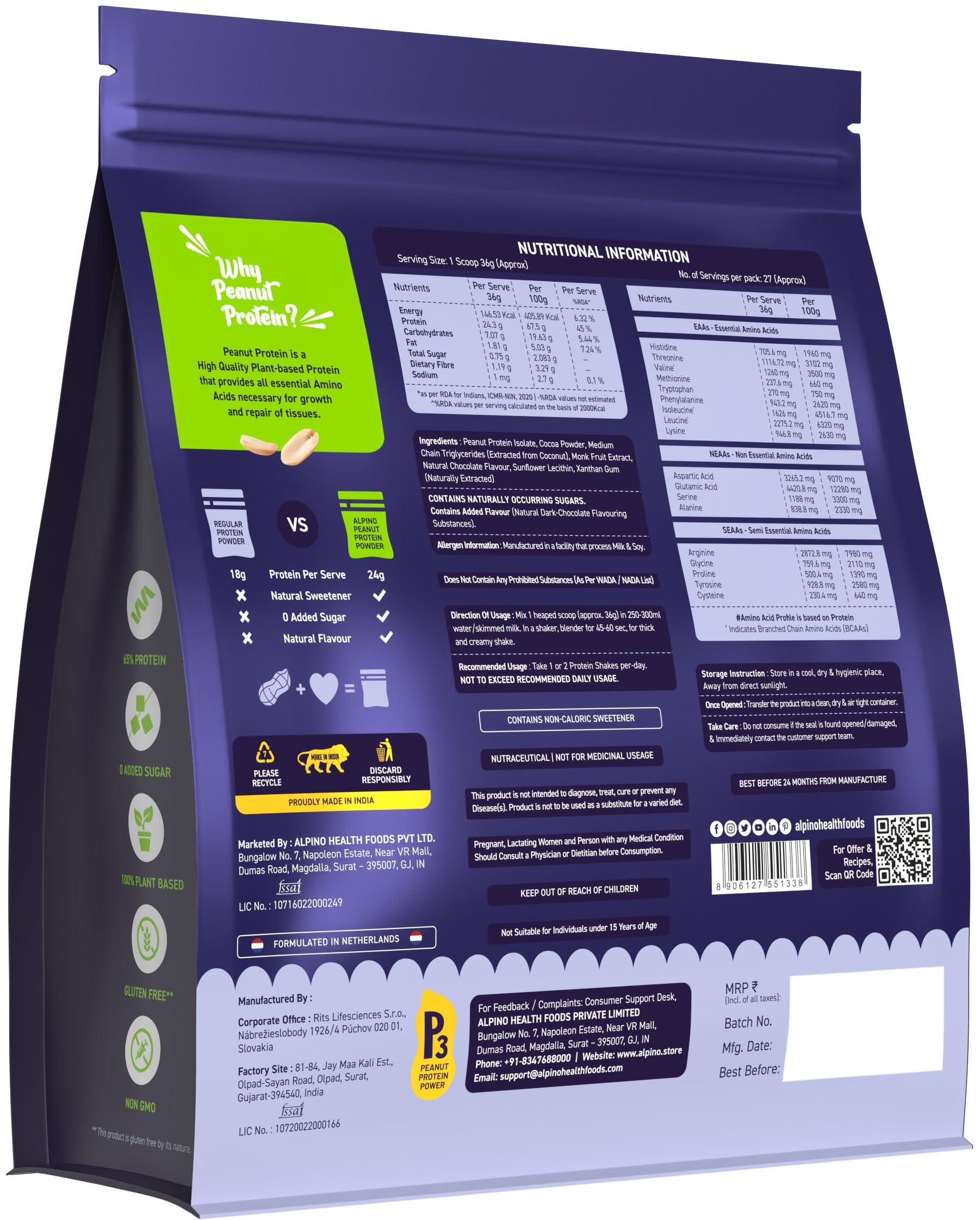 Alpino Alpino Supernatural Peanut Protein Powder Dark Chocolate 1kg - 100% Plant-Based, High-Performance Protein - 24g Protein, 5.1g BCAAs, No Added Sugar, Gluten-Free, Non-GMO, Vegan