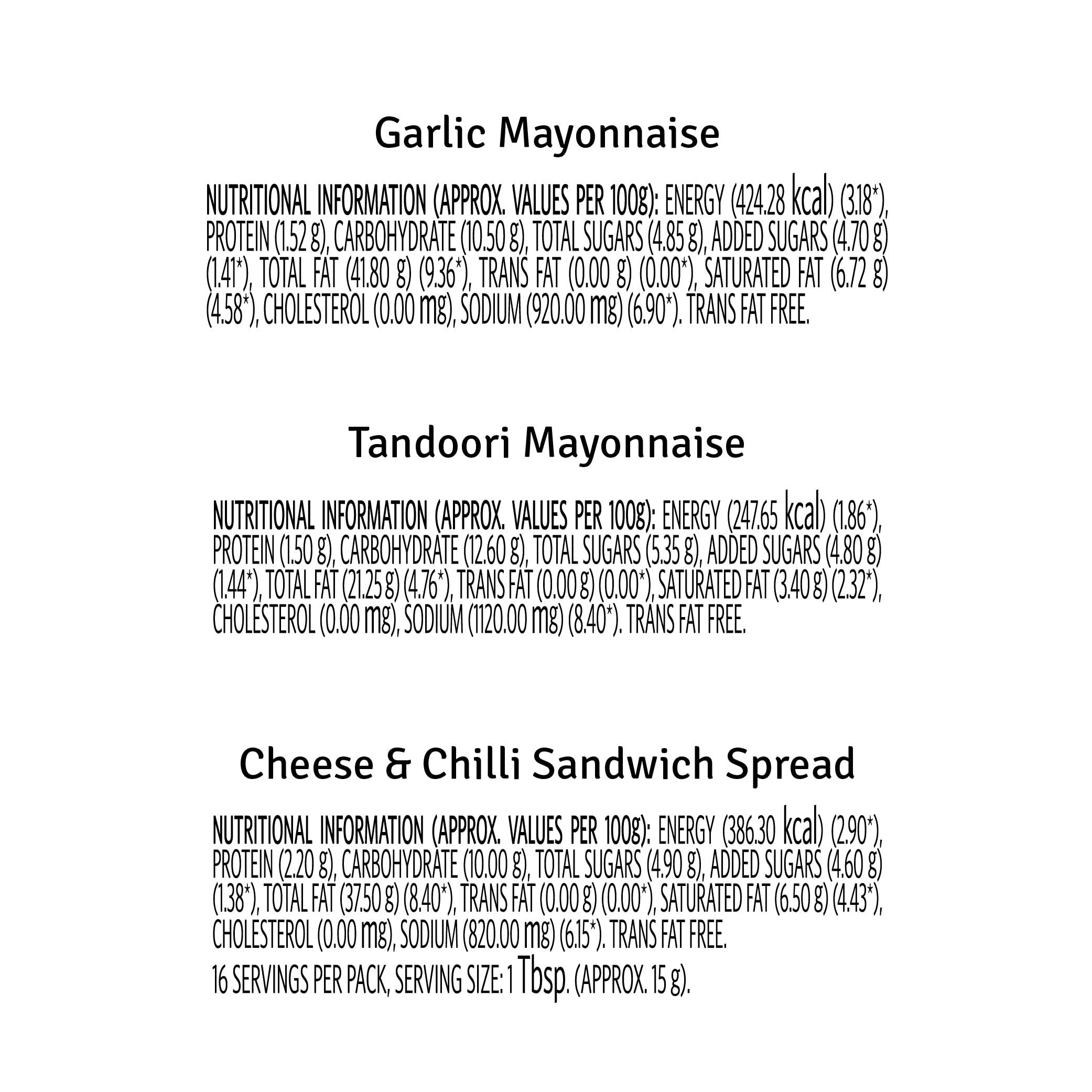 VEEBA VEEBA Garlic Mayonnaise 250 Gram, Tandoori Mayonnaise 250 Gram & Cheese & Chilli Sandwich Spread 250 Gram - Pack of 3