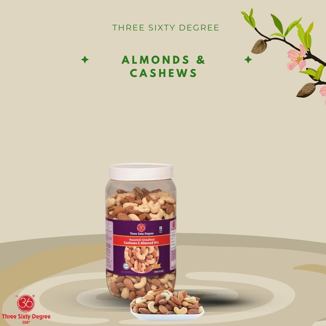 360 Three Sixty Degree 360 Roasted Whole Unsalted Cashew Almond Mix | Jumbo Jar 950 Grams | Crunchy Badam, Crunchy Kaju | High Protein, Nutritious, Super Tasty Snack