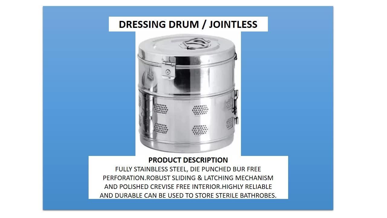 Bio Gene Bio Gene DRESSING DRUM Deluxe with Clip-on Lid Stainless Steel Body Best Use For Hospital, Surgical Laboratory Etc Jointed (12\"X9)