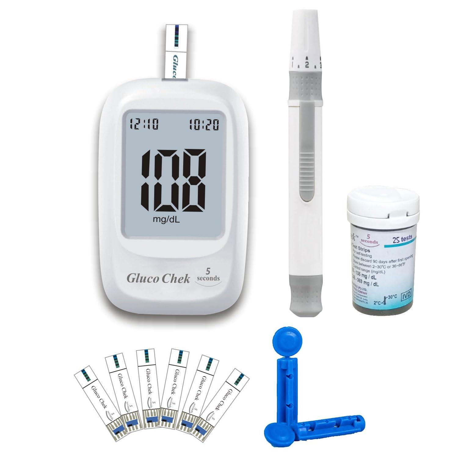 Aspen Aspen Gluco Chek 5 Seconds Glucometer Blood Glucose Sugar Testing Machine With Vial Of 25 Strips, 10 Lancets and A Lancing Device For Accurate Blood Sugar Testing at home