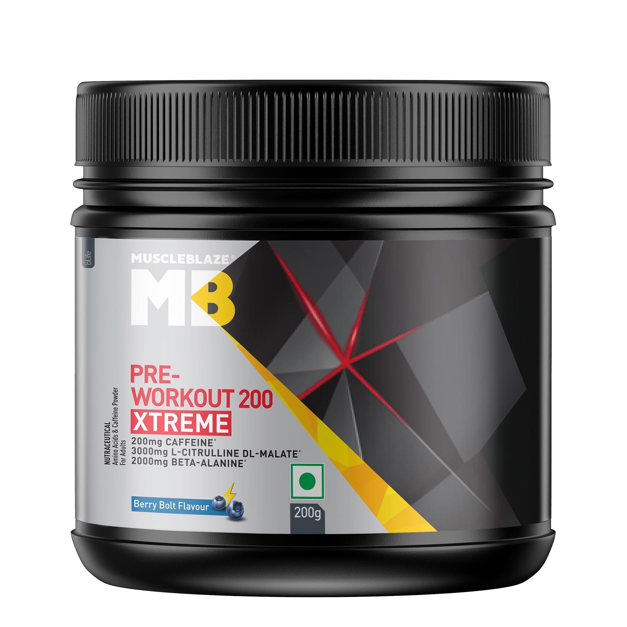 MuscleBlaze MuscleBlaze Pre Workout 200 Xtreme (Berry Bolt, 30 Servings, 200g) | 200mg Caffeine, 200mg Theanine, 2000mg Beta Alanine, 3000mg Citrulline