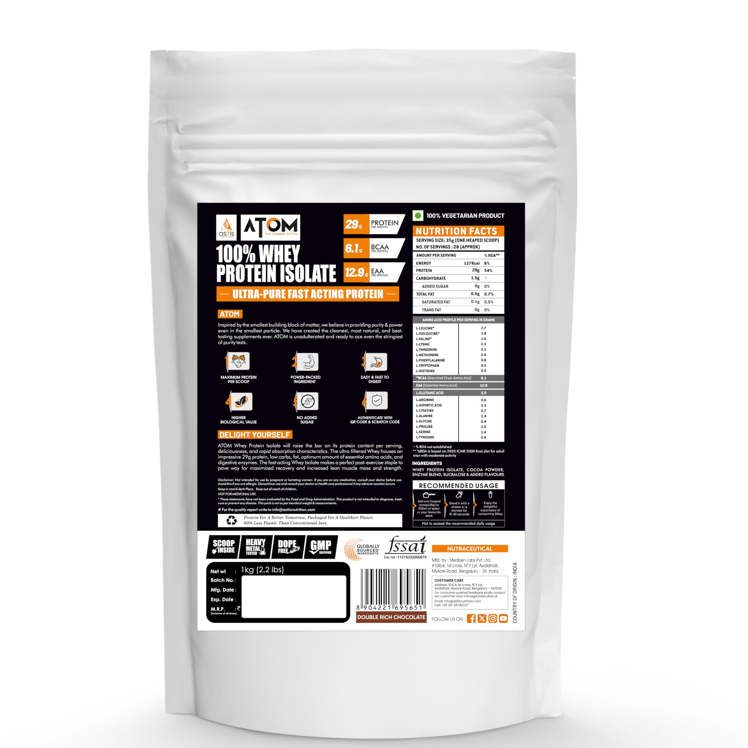 Asitis Nutrition AS-IT-IS ATOM Whey Protein Isolate 1kg | 30g protein, 6.1g BCAA & 13g EAA | Ultra Pure-Fast Acting Protein | Double Rich Chocolate Flavor