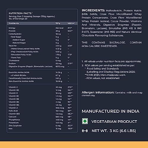 Nutrabay Nutrabay Gold Bulk Up Mass Gainer Powder - 3kg, Chocolate | 30g Protein, 104g Carbs, 554 Calories | Easy to Digest | 100% Veg Muscle Building & Weight Gainer Supplement for Men & Women