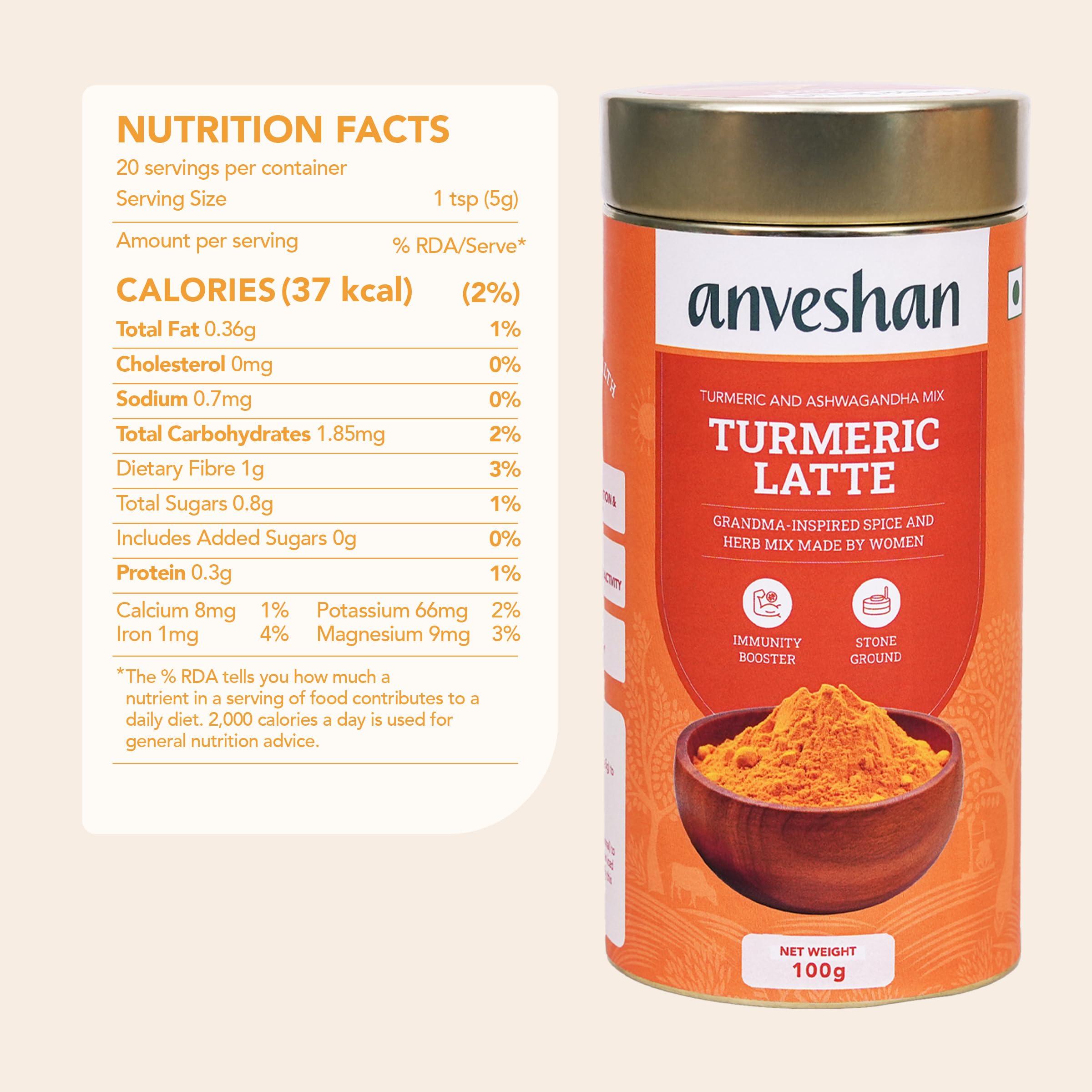 Anveshan Empowering farmers with technology Anveshan Turmeric Latte 100g | Healthy Ayurvedic Remedy with Ashwagandha Mix for Golden Milk | Haldi Mix.