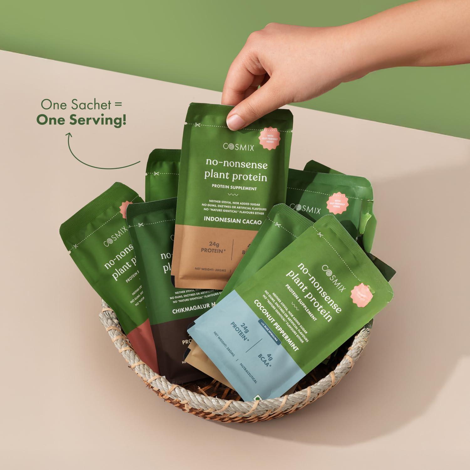 cosmix Cosmix No Nonsense Plant Protein - Organic Pea & Rice Isolate | Gut Friendly Superfoods | Complete Amino Acid Profile | Easy Digestion | 24g Protein/Sachet| Vegan | Matcha (Pack of 6)