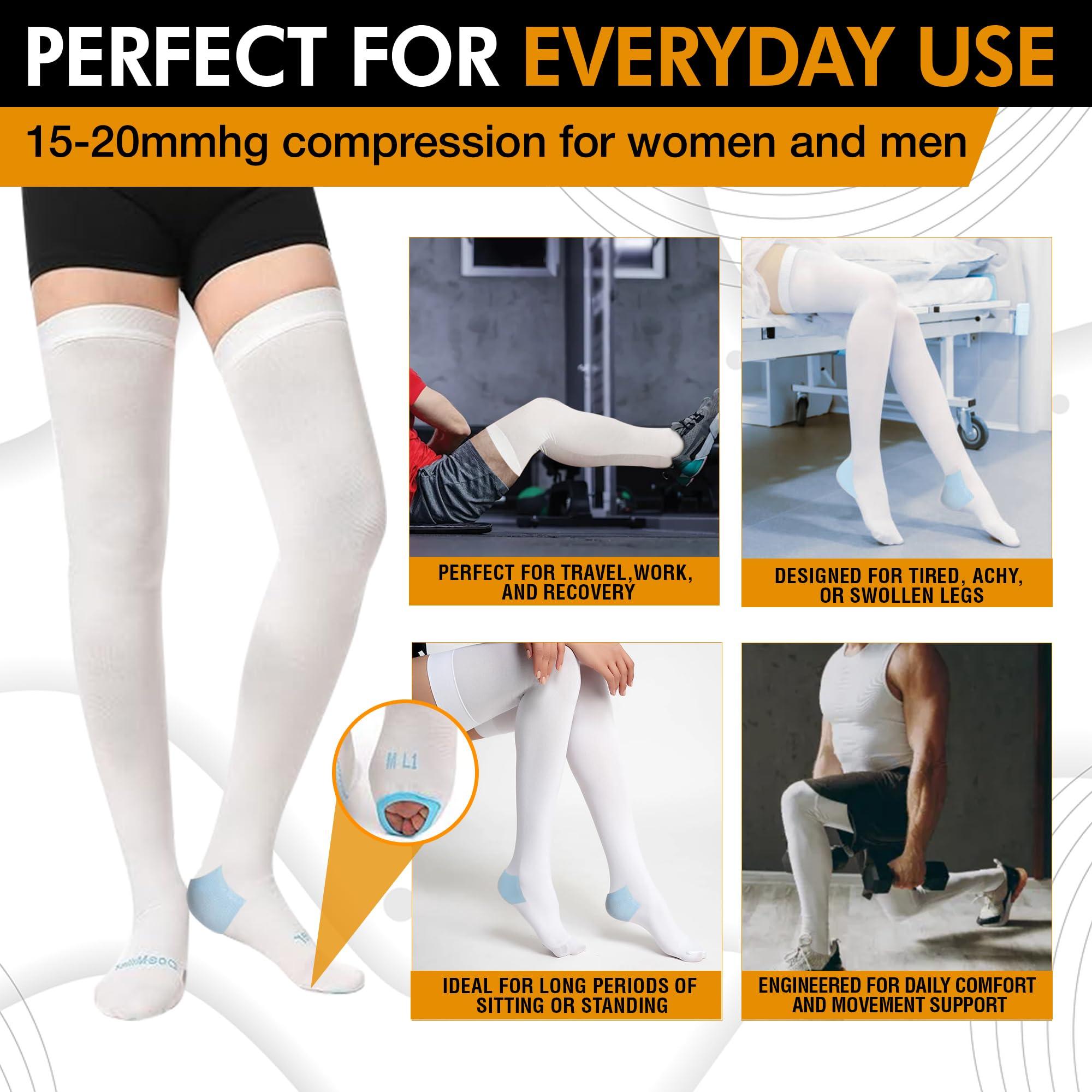 Doc Miller Doc Miller Thigh High Anti Embolism TED Surgical Stockings Compression Socks - Graduated 15-20mmHg Support Hose for Women Men, White, Large