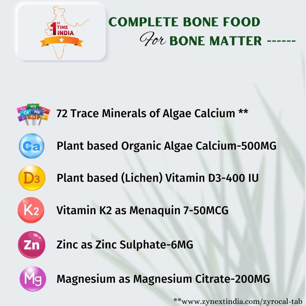 Tab Zyrocal Tab Zyrocal Plant Based Organic Algae Calcium D3 K2 Zinc Magnesium Tab | Supplement For Strong Bones | Safest Calcium | Osteoporosis Supplement, Bone Health Supplement | 30 Veg Tablets