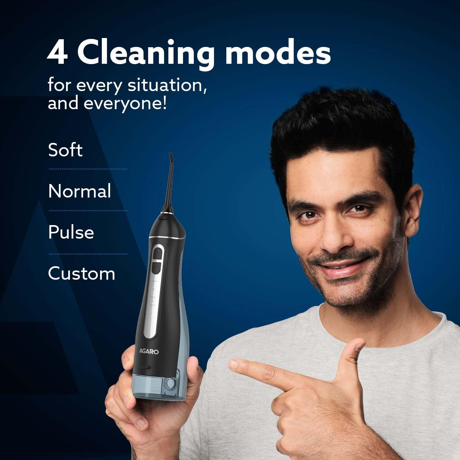 AGARO AGARO Ultra Plus Dental Flosser for teeth, Portable, Cordless & Rechargeable, 4 Cleaning Modes, IPX7 Waterproof, 300ml Water Tank, Flossing at Home & Travel, Oral Flosser, Oral Irrigator Black