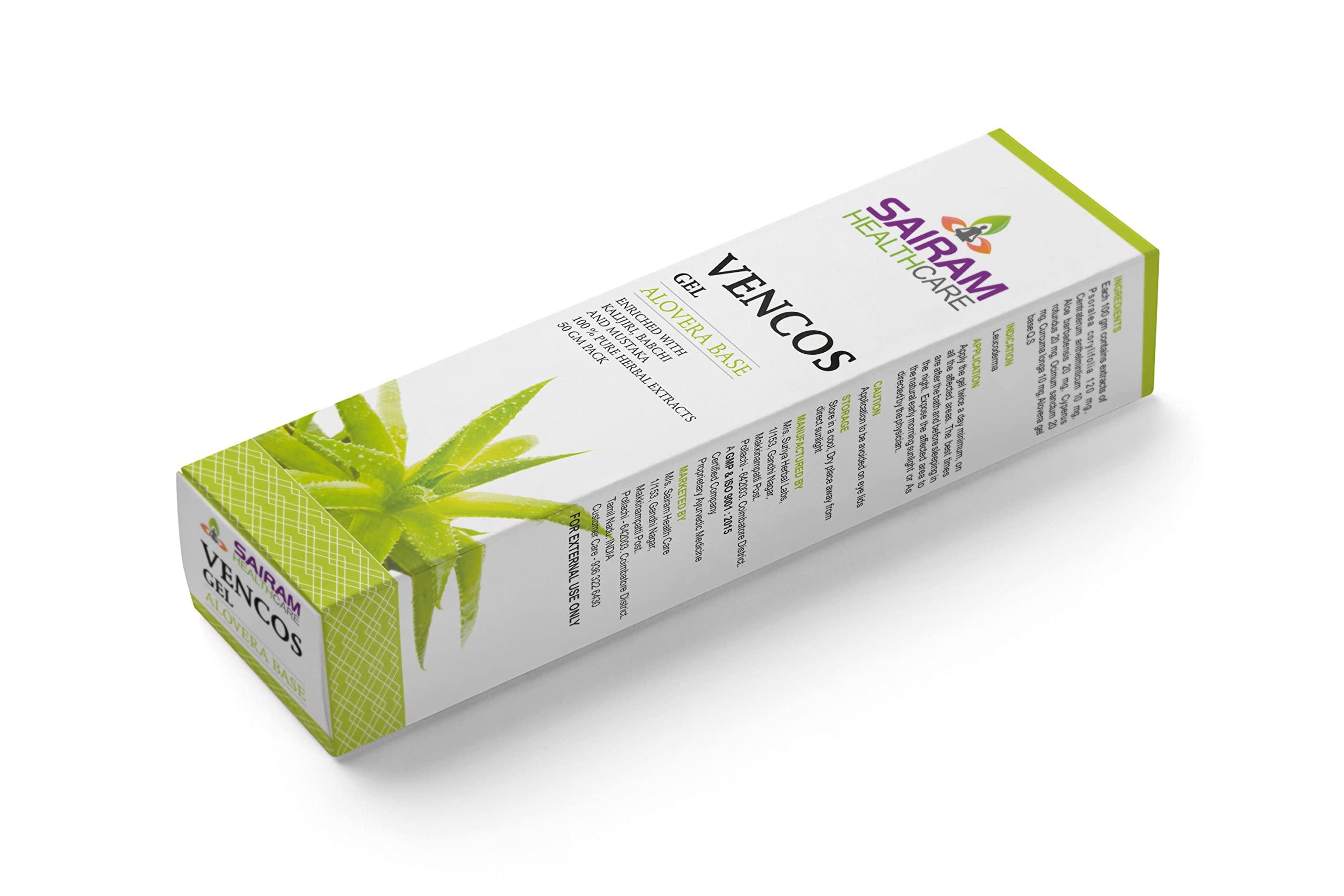 VENCOS VENCOS Gel for Vitiligo - Alovera Base - Enriched with Kalijiri, Babchi & Mustaka - 100% Pure Herbal Extracts - Ayurvedic Medicine for White Spots (50 gram (Pack of 1)