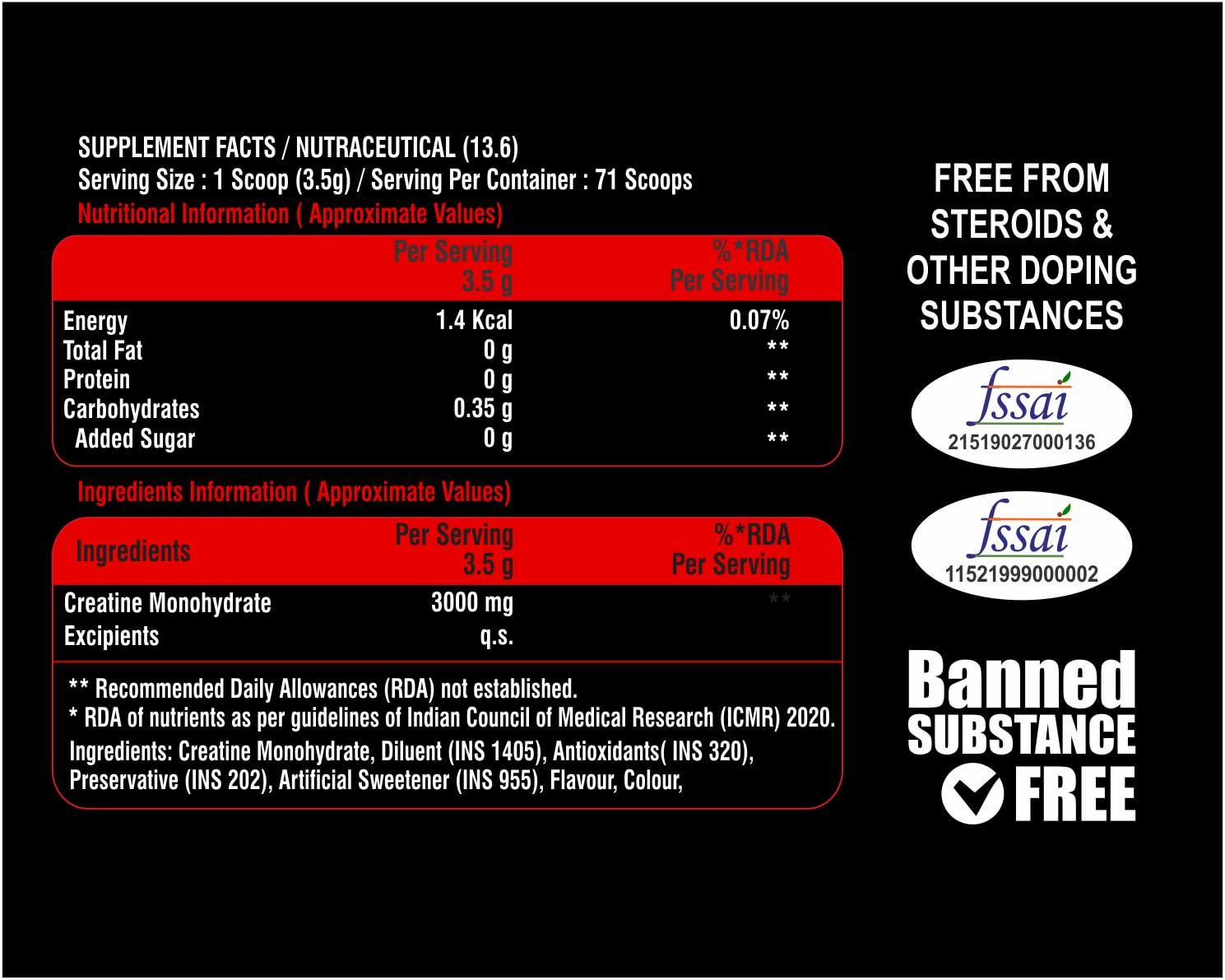 AM NUTRITION AM NUTRITION CREA-8 Monohydrate Creatine Powder |100% Creatine, 3000mg per serve | Supports Athletic Performance & Power | Green Apple Flavored, 71 Servings (250gm Pack)