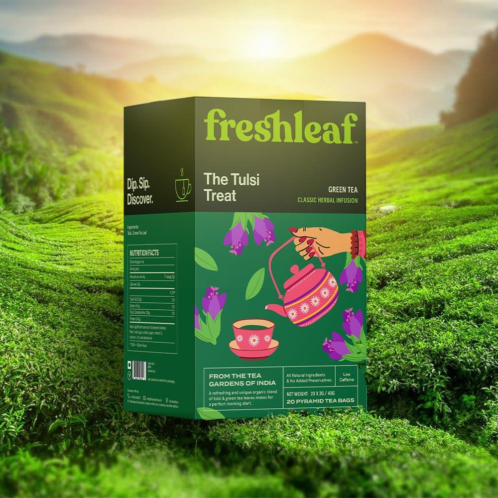 FRESHLEAF FRESHLEAF Tulsi Green Tea Rich With Anti-Oxidants, 100% Whole Long Leaf, 20 Pyramid Tea Bags (60 Tea Bags) (40 Tea Bags)