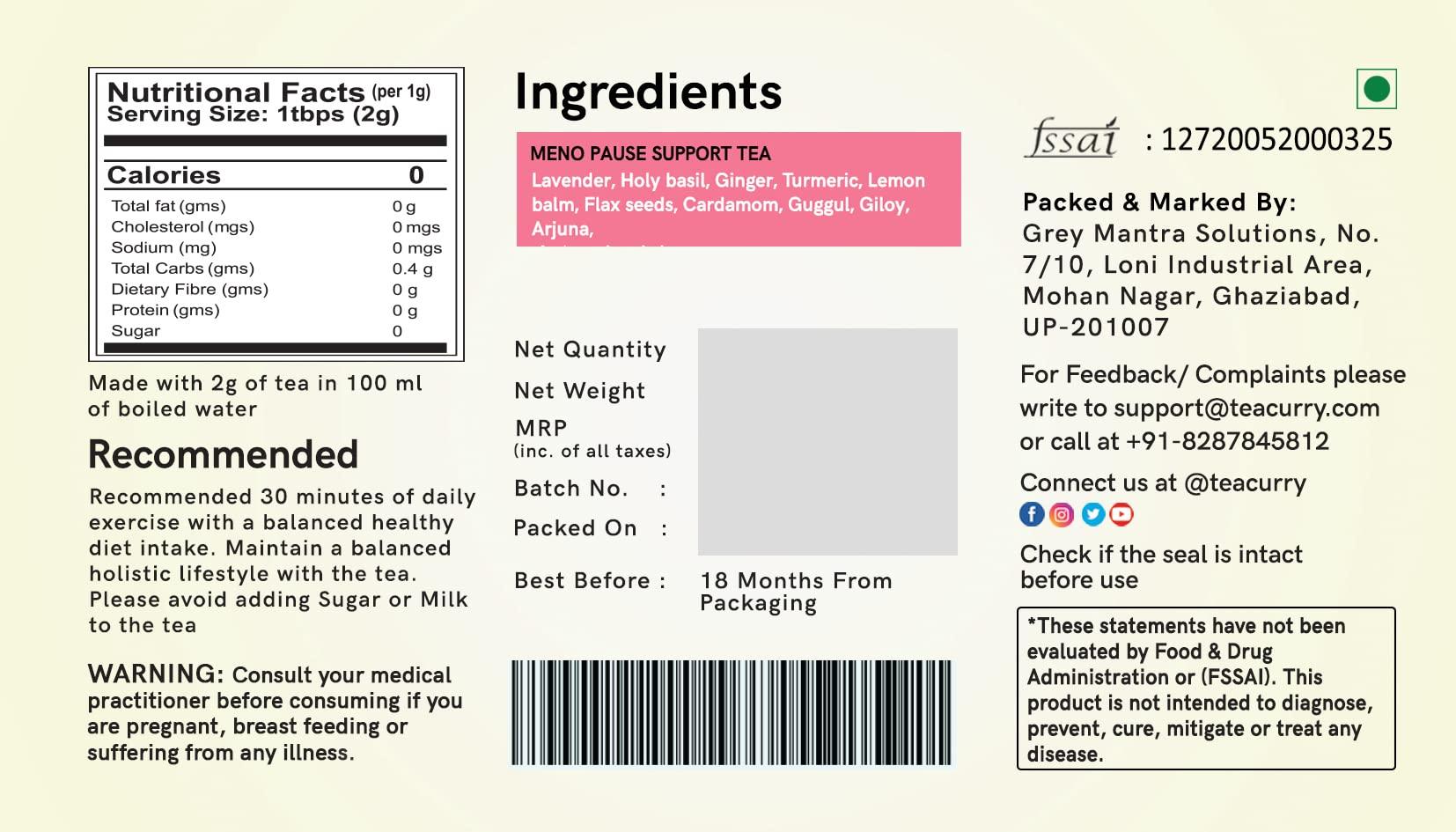 TEACURRY TEACURRY Meno Pause Tea - (3 Month Pack, 90 Tea Bags) - Helps delay Menopause & stop Hot Flashes | Made With Raw Ingredient - Shatavari, Pearmint, Ginger