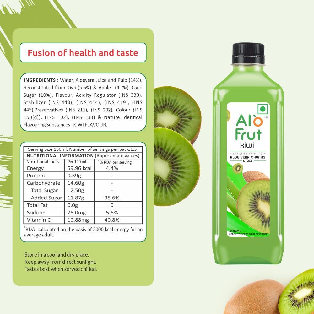 ALO FRUT ALO FRUT Kiwi Aloevera Chunks & Juice 200Ml (Pack Of 48) - 1 Case | Fruit Juice Mai Aloevera Chunks | Healthy Hai Isme Aloevera Hai | Ready To Serve Drink