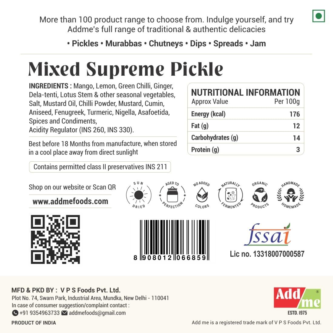 Add me Add me Homemade Rajasthani Mix Achar Mixed Supreme Mango Chilli Lemon Carrot ker Ginger karonda lasoda Fruit Pickle 200gm Glass Jar