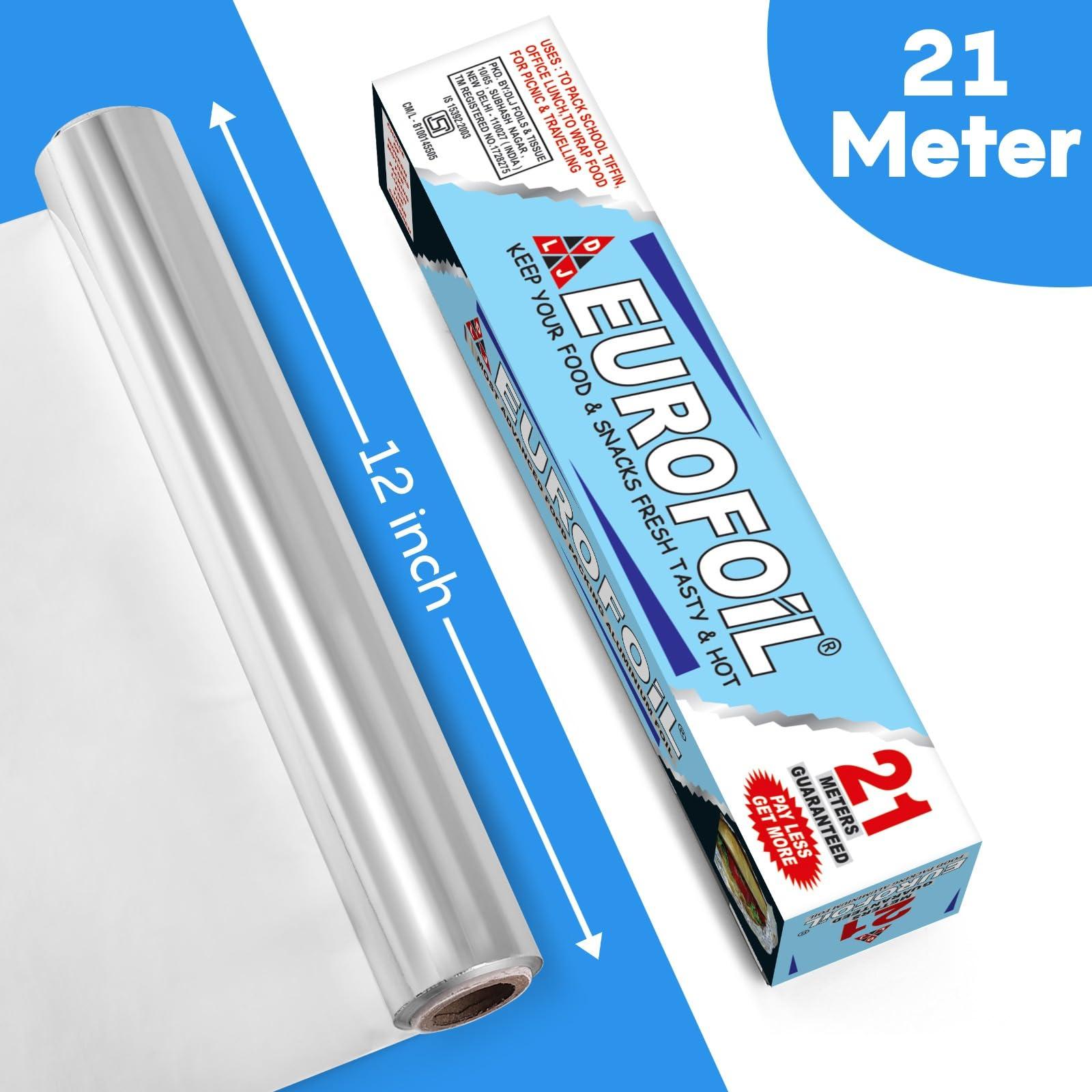 Eurofoil Eurofoil Food Wrap Aluminium Foil 21 Metre | Food Grade Strong & Durable Foil | for Packing, Wrapping, Cooking, Baking & Grilling | Non-Stick Multipurpose Parchment Paper | Keeps Food Fresh