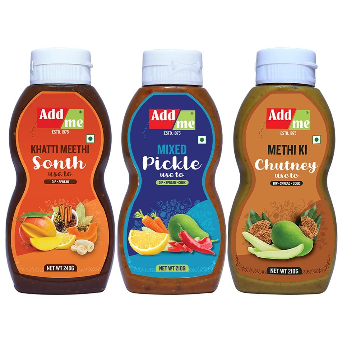 Add me Add me Khatti meethi sonth Chutney 240 G, Addme Mixed Pickle Chutney 210 G, & Addme Methi Dana achar Chutney 210 G ( 3 Bottles) = 660 Gm