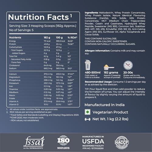 Nutrabay Nutrabay Gold Mega Mass Gainer Powder - 1kg, Vanilla Ice Cream | 100% Veg | 40.8g Protein, 123g Carbs, 711 Calories | Muscle Building & Weight Gainer Supplement for Men & Women