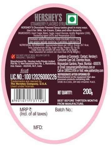 HERSHEY'S HERSHEY'S Strawberry Flavored Syrup, 200 g Bottle (Pack of 10)